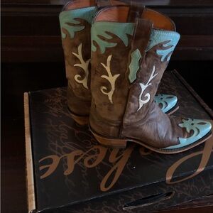 Brown Leather Cowboy Boots with Turquoise Accents